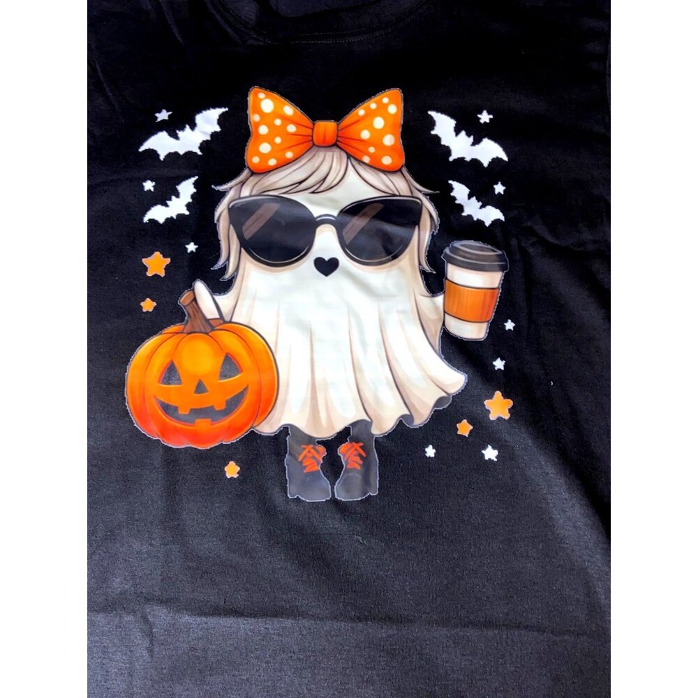 Halloween Ghost Graphic Black T-Shirt Small Pumpkin & Coffee Cup Design